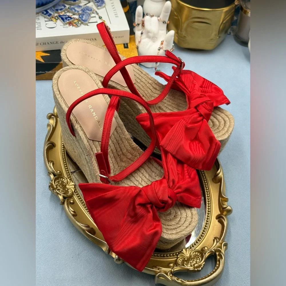 🆕 LOEFFLER RANDALL 🧿 NWOB Angelina Red Moiré Bow Wedge Espadrille, Sz 7